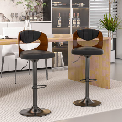 Bar Stools Set Of 2 Adjustable Barstool Faux Leather Counter Height Stool Kitchen 360 Swivel Bar Chair With Back Metal Steel Base Chair, Black