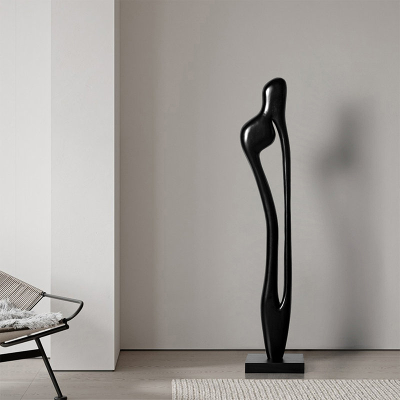 Sculpture de sol moderne en bois abstrait, objet décoratif noir fabriqué à la main pour vestibule minimaliste, art contemporain