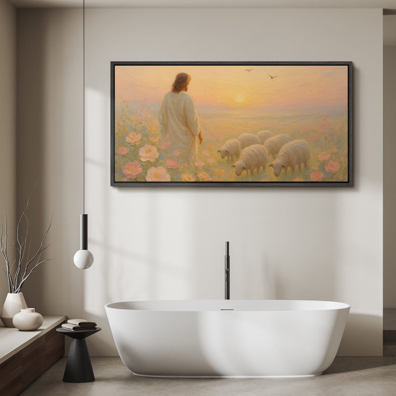 Jesus with His Sheep at Sunset in a Soft Garden Landscape Extra Large Pictures Framed Canvas Print Wall Art, Black Frame