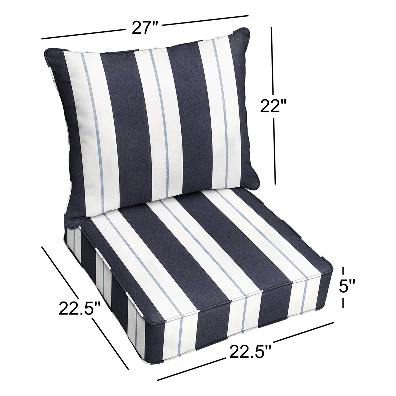 Deana Sunbrella® Seat and Back Cushion, Navy Stripe Sunbrella®, 22.5" W x 22.5" D