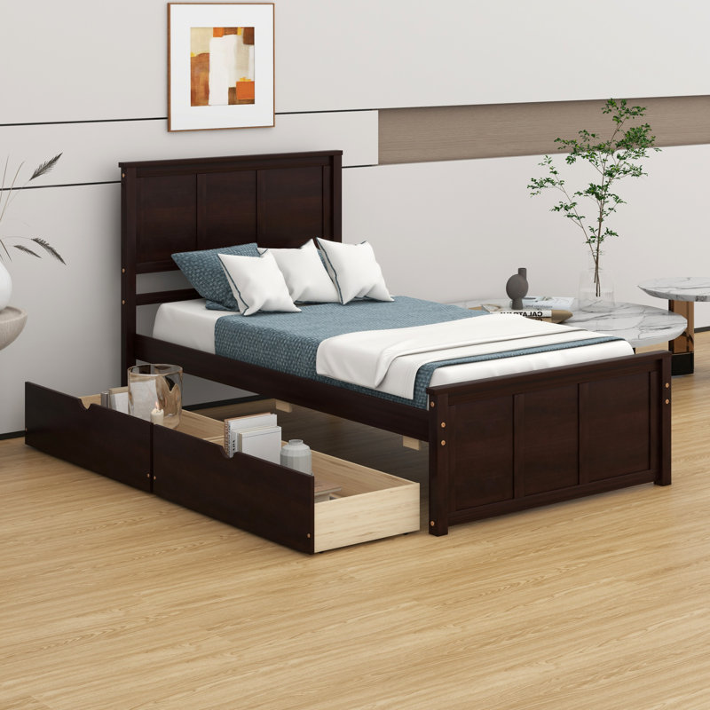 Platform Storage Bed, 2 Drawers With Wheels, Espresso