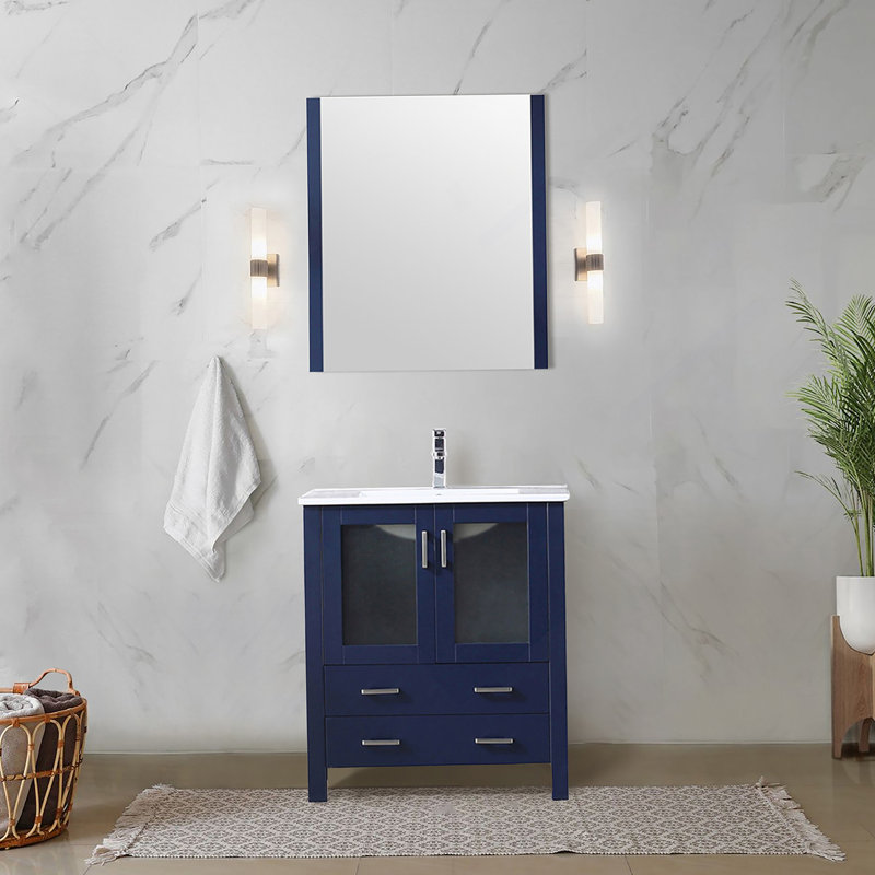 Meuble-lavabo de salle de bain 30 po X P 18,25 po P, plateau en céramique et Miroir, 30", Marine