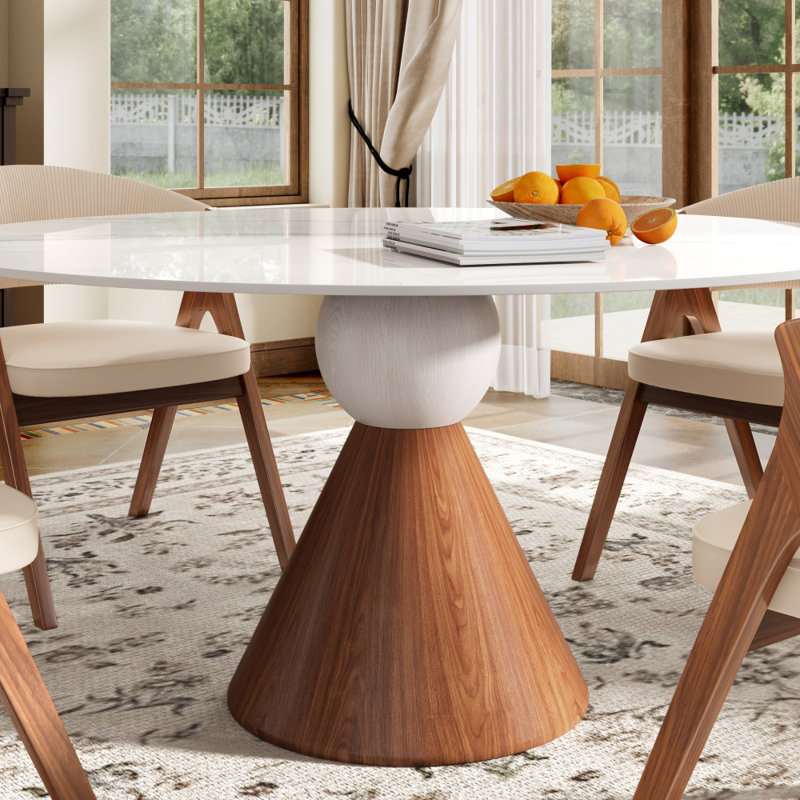 Table de salle à manger moderne en pierre frittée avec base conique, H 29,53 po x L 53,15 po x l 53,15 po, Ivory Vein