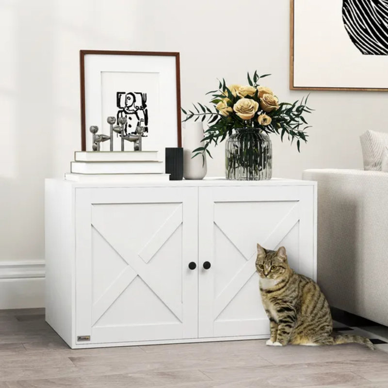 Enceinte de litière pour chat avec porte de grange et trou pour chat, 31,5 po x 21 po x 20 po, blanc