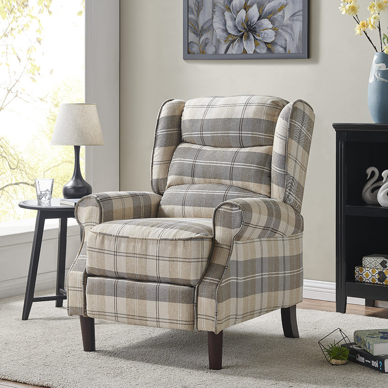 Mccomas 77cm Wide Wing Chair Recliner, Beige/Tartan