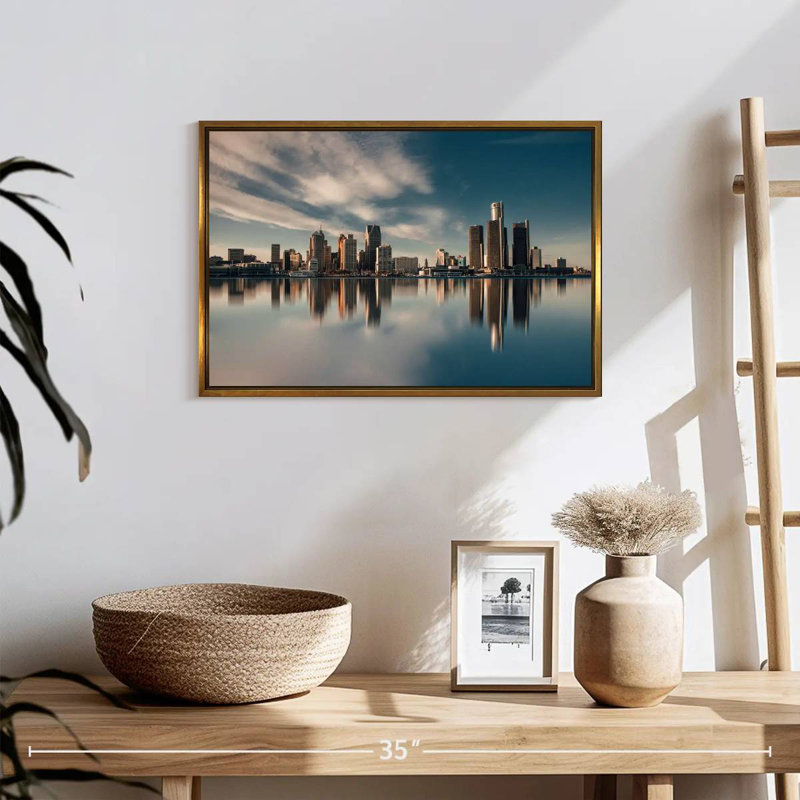 Reflet de Detroit Skyline, 19 po x 13 po, Cadre flottant doré