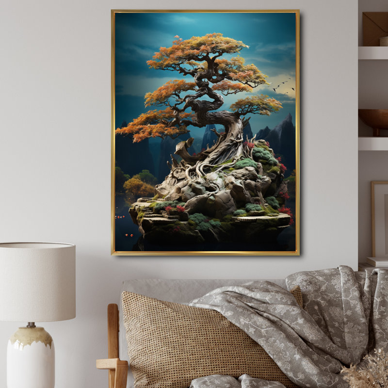 Tranquillo, art asiatique, Bonsaïs, sagesse - impression, H 32 po x l 24 po x P 1 po, Cadre flottant doré