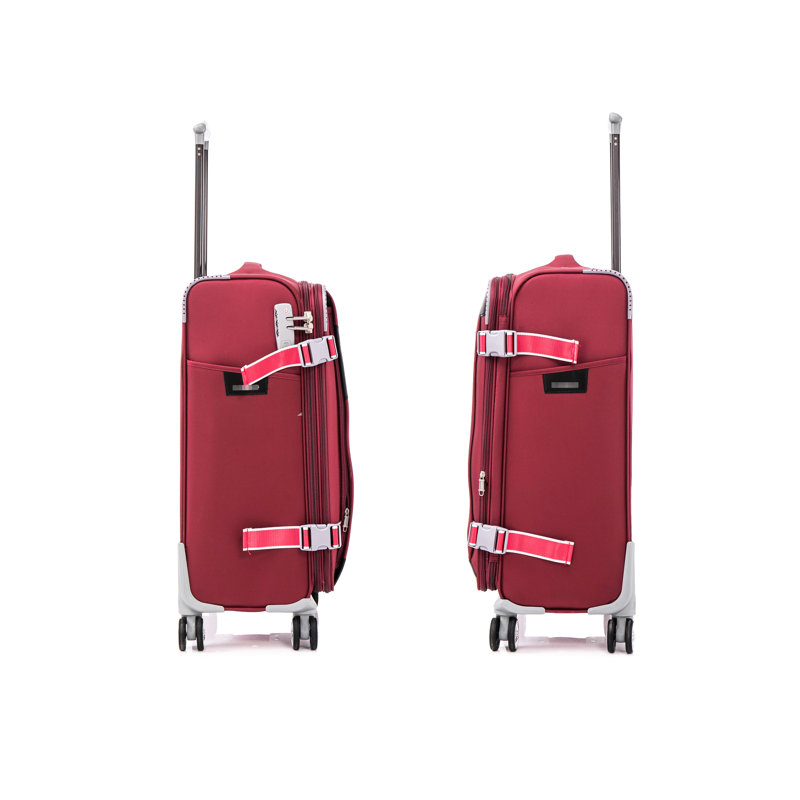 Ensemble de 4 valises verticales en rouge Claret, légères et extensibles pour un maximum de rangement, avec roulettes pivotantes à 360 degrés, poignées de transport à profil bas, compartiments extérieurs, poche intérieure de couvercle, côté
