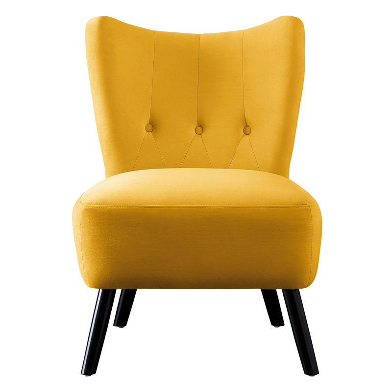 Yellow Velvet Upholstered Accent Chair With Button- Design And Brown Legs Modern Back Wood For Living Room, Yellow