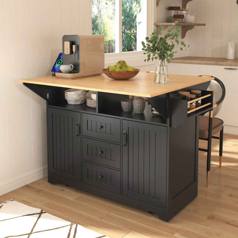 Grand îlot de cuisine 55,7 po avec 2 abattants, Black