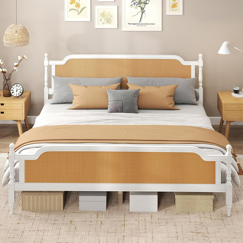 Cadre de lit double, cadre de lit double avec tête de lit et pied de lit en rotin naturel, style bohémien et mid-century, bois de pin massif