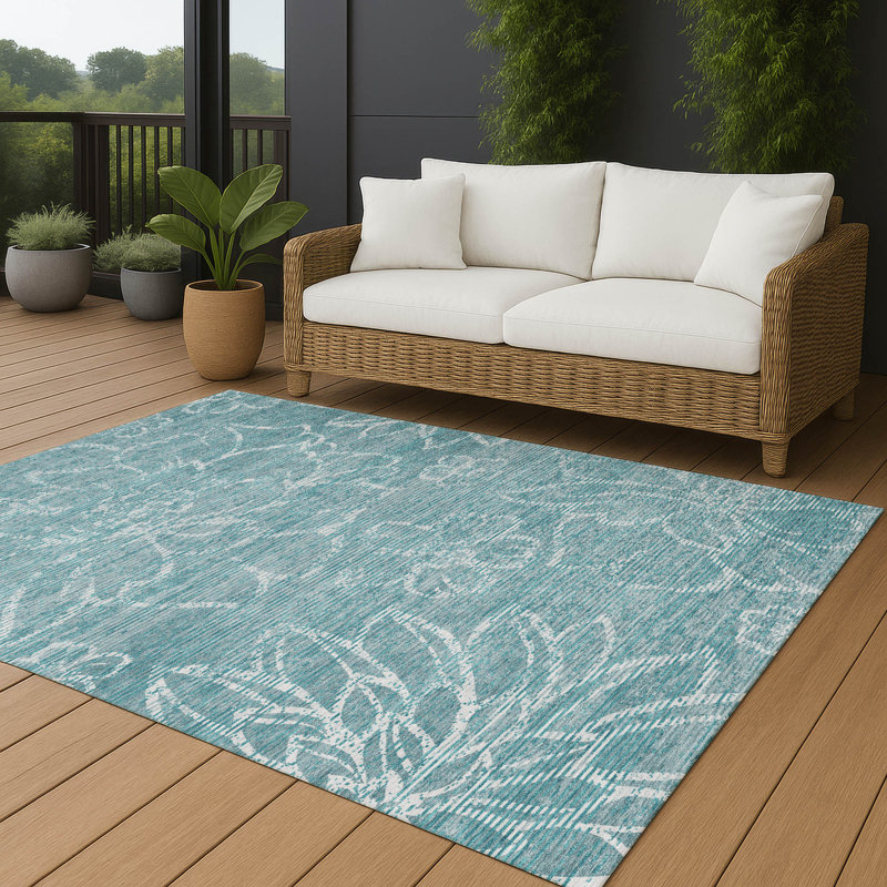 Tapis floral intérieur / extérieur lavable à la machine Chantille ACN2789, Sarcelle, 9 pi x 12 pi