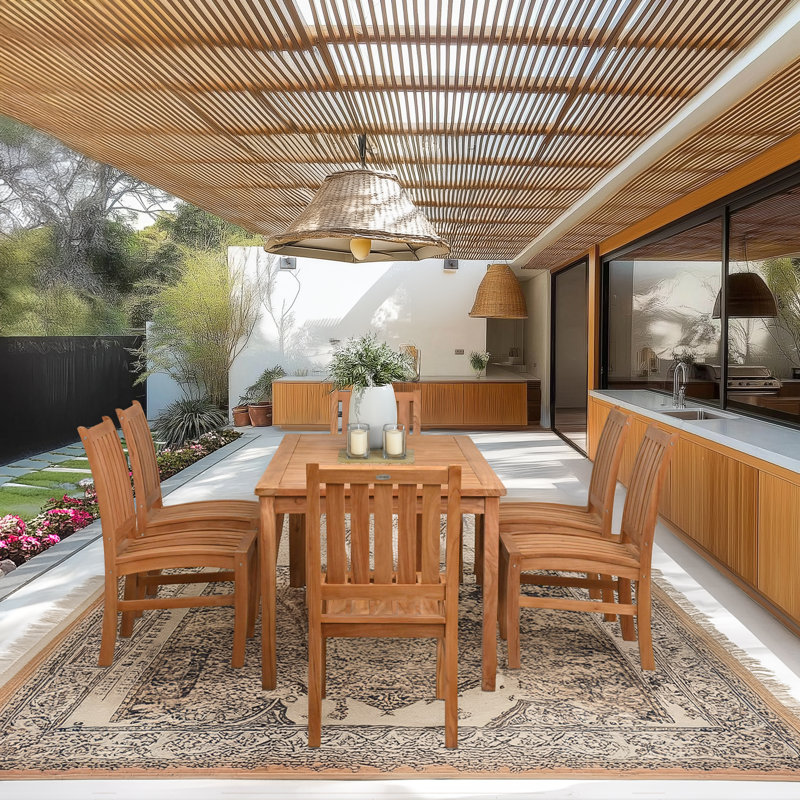 7 Piece Teak Wood Outdoor Patio Bistro Dining Set Including Rectangular Table With 6 Abaco Side Chairs