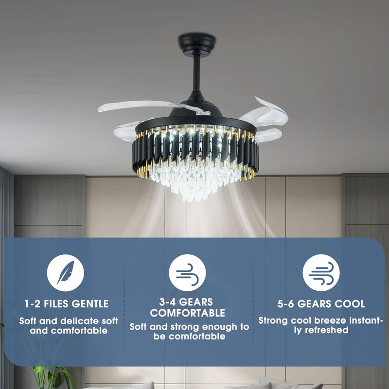 42 Inch Dimmable Crystal Ceiling Fans With Light Modern Chandelier Fan Led Fandelier With Remote 6 Speed, 3 Light Change Retractable Blade Fans For Bedroom Living Room (golden)
