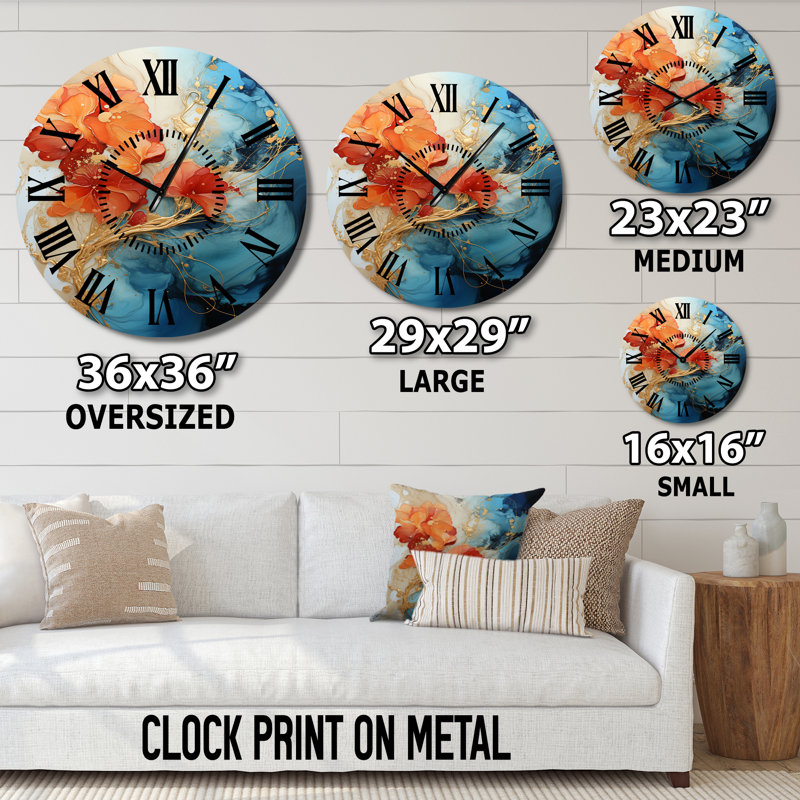Horloge murale orange, sarcelle et fractale abstraite moderne, Grand