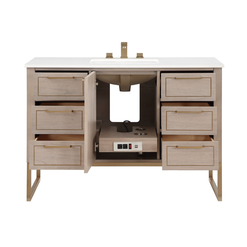 Markham 48'' W Single Vanity, Universal Calacatta Quartz, Cashmere Gray, Satin Brass