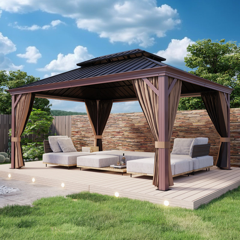 16 Ft. W x 12 Ft. D Steel Patio Gazebo, Hardtop Gazebo, Sand