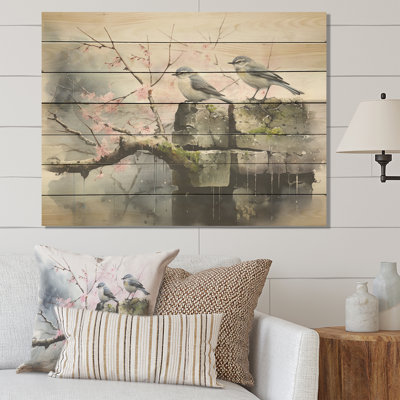«Gray and Pink Spring Songbirds Blooms» - Paysage sur bois