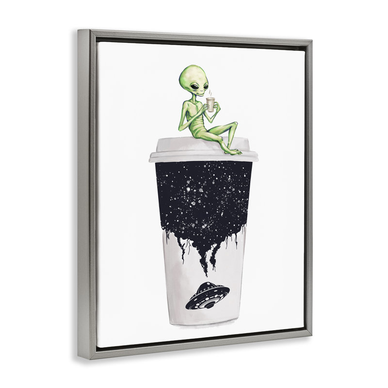 "Alien & Coffee Cup", art mural encadré par Ziwei Li, Cadre flottant gris lustré, H 21 po x l 17 po