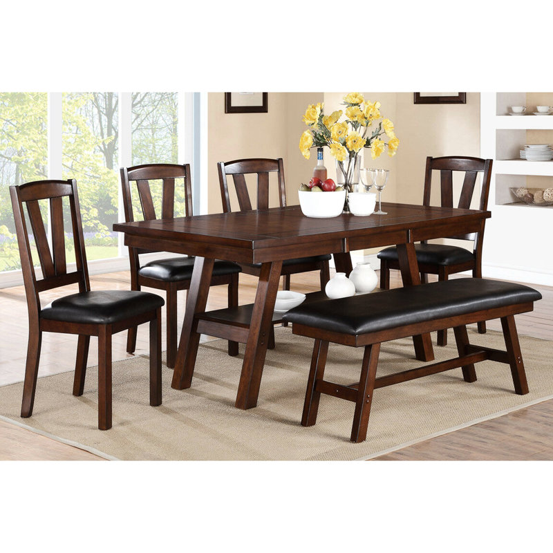 Salle à manger contemporaine de 6 pièces: table rectangulaire, 4 chaises d'appoint, 1 banc, bois d'hévéa noyer foncé, coussins en similicuir, dossier en V, rangement ouvert, placage de bouleau, placage de sièges