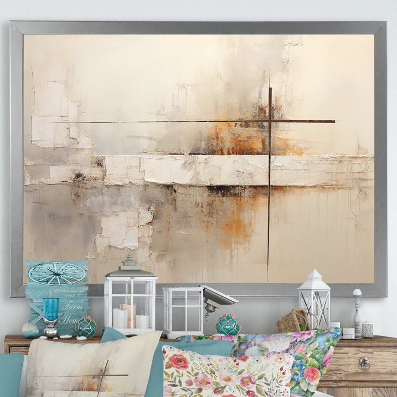 Beige Christianity Cross Of Jessus I - Christianity Wall Art, Floater Framed Print, 12" H x 20" W, Black