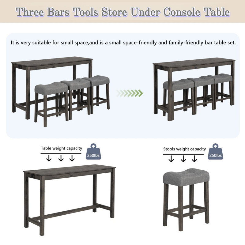 Power-Equipped 4-Piece Bar Set With 3 Padded Stools, Behind Sofa Table For Living Room & Kitchen, Dark Gray