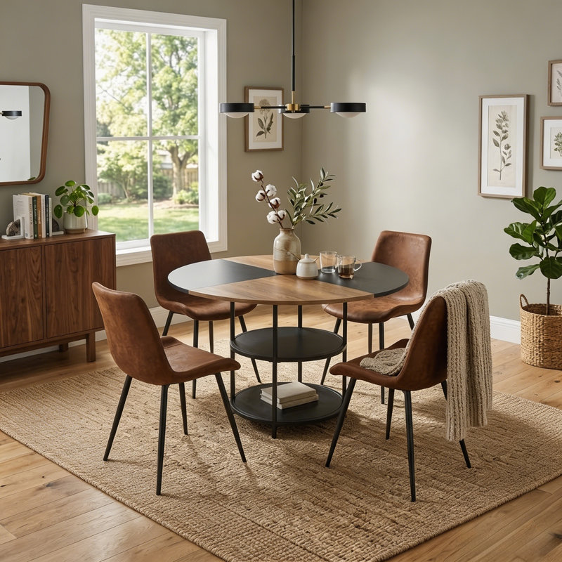 5 Piece Industrial Modern Round Dining Set with 2-Tier Storage, 47.3" Wood with Black Splicing Table , Brown
