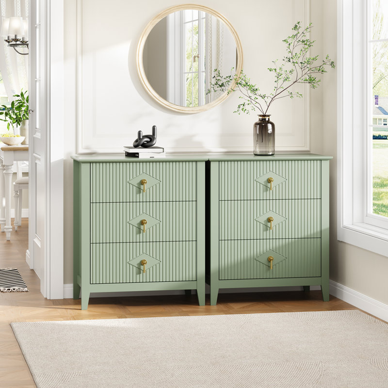 Fruit Brand Green Modern Fluted 3-Drawer Wood Dresser – 28" Wide Storage Chest with Metal Handles, Easy Assembly, Ideal for Bedroom, Living Room & Entryway