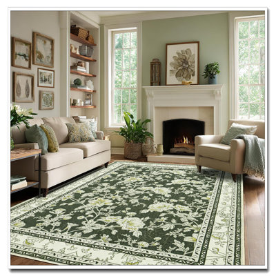 Olive Green 9X12 Boho Farmhouse Floral Rug Washable Non-Slip Carpet For Living Room Bedroom