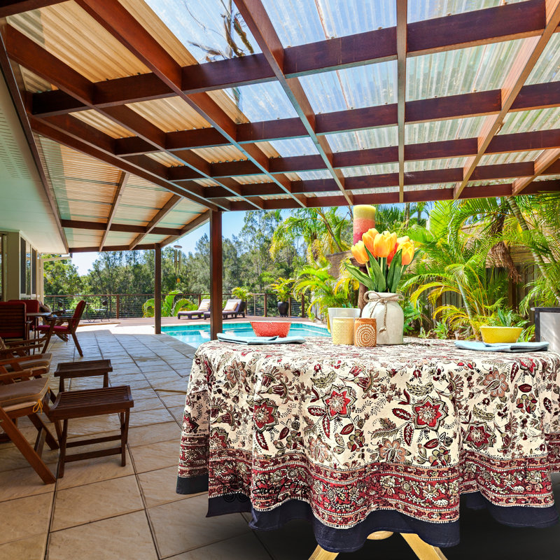 Floral Block Print Cotton Round Tablecloth