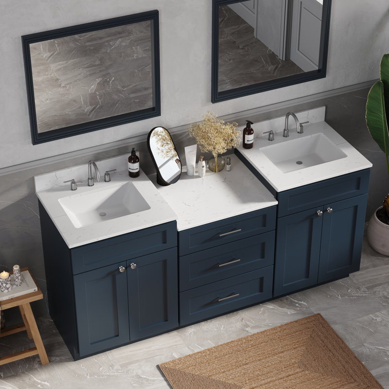 Plateau de meuble-lavabo double en bois massif avec tiroir à queue d'aronde et comptoir Carrara, Bleu, 73"