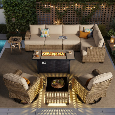 
Burcin 7-Seat Outdoor Wicker Patio Conversation Set with 2 Swivel Chairs and 50,000 BTU Expandable Fire Pit Table