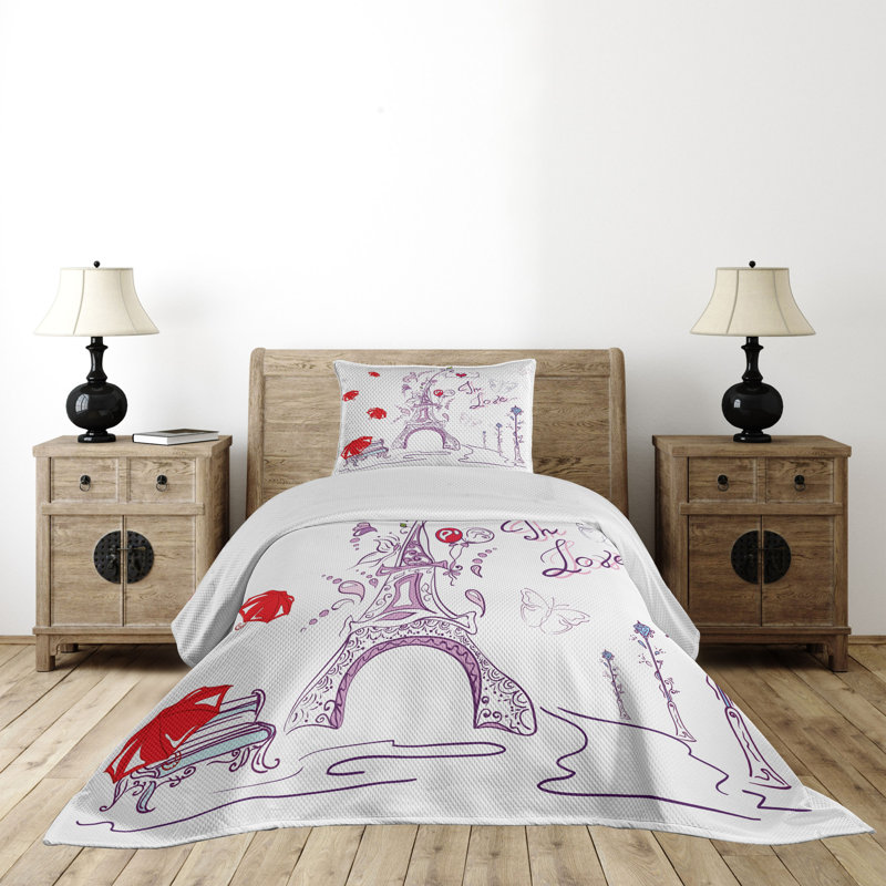 White and Red Eiffel Tower Twin Quilted Bedspread Set