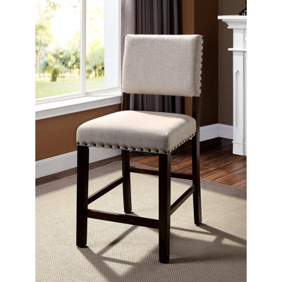 De 2 chaises de salle à manger à hauteur de comptoir industrielles, bois massif de cerisier brun, tissu rembourré avec coussin en lin rembourré et garniture cloutée enchanteresse pour thème 2 pièces, pièce de revêtement attrayante