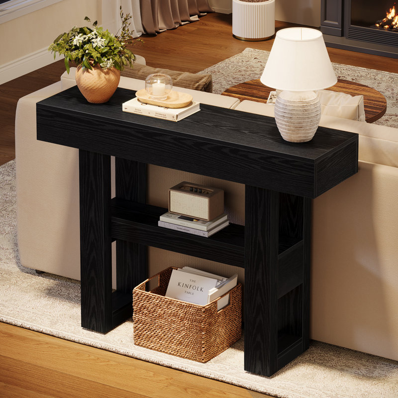 41.34'' Farmhouse Entryway Console Table With Storage Shelves, 2-tier Narrow Sofa Table With Sturdy H-shaped Legs, Black