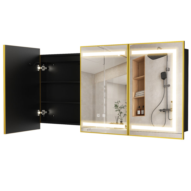 Armoire à pharmacie de salle de bain, armoire encastrée ou à surface éclairée, Doré, H 32 po x l 48 po x P 5 po
