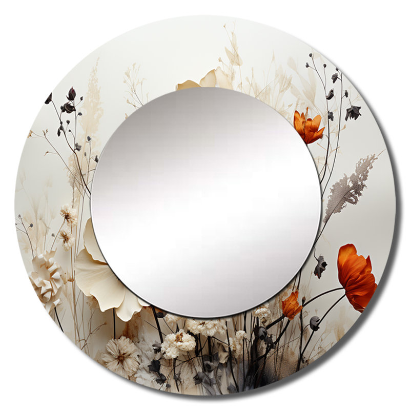 Bohemian Earthly Floral Collage II - Abstract Round Mirror Wall Decor, 36" x 36"