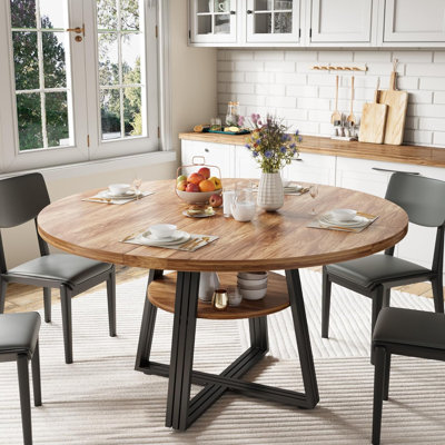 Table de salle à manger de style campagnard 47,2 po pour 4 à 6 personnes, plateau en bois avec tablette de rangement à 2 niveaux et base en métal en forme de X pour la salle à manger salon