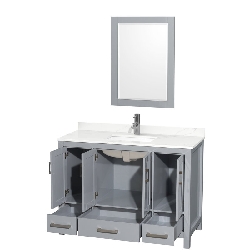 Ensemble de meuble-lavabo simple autoportant 48 po avec plateau en quartz Sheffield et miroir 24 po, Gris, Quartz Giotto