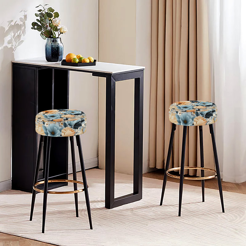 Ensemble de 2 tabourets de bar floraux bleus et beiges à motif floral bohémien