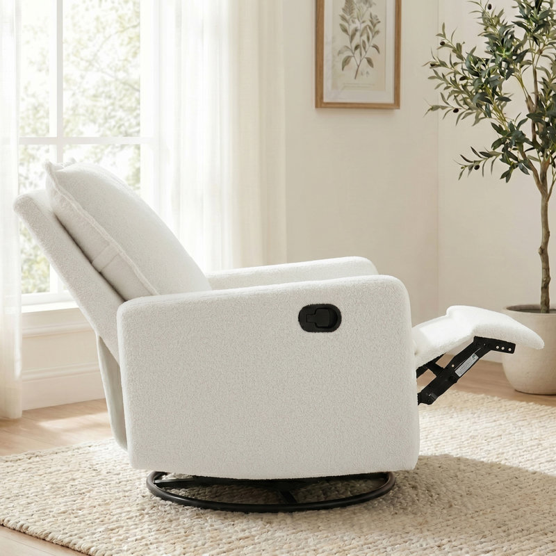 Swivel Rocker Recliner Chair With Manual Recline, Upholstered Glider Recliner For Nursery & Living Room, White Boucle