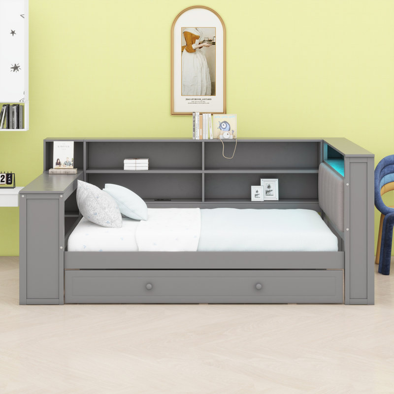 Modern Upholstered Headboard Bed Featuring Built-In Desk And LED Lighting, Gray
