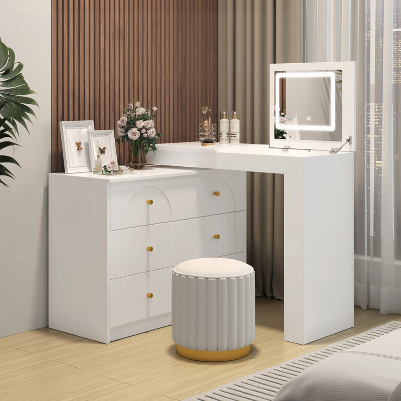 Bureau de coiffeuse avec miroir et lumières, Blanc