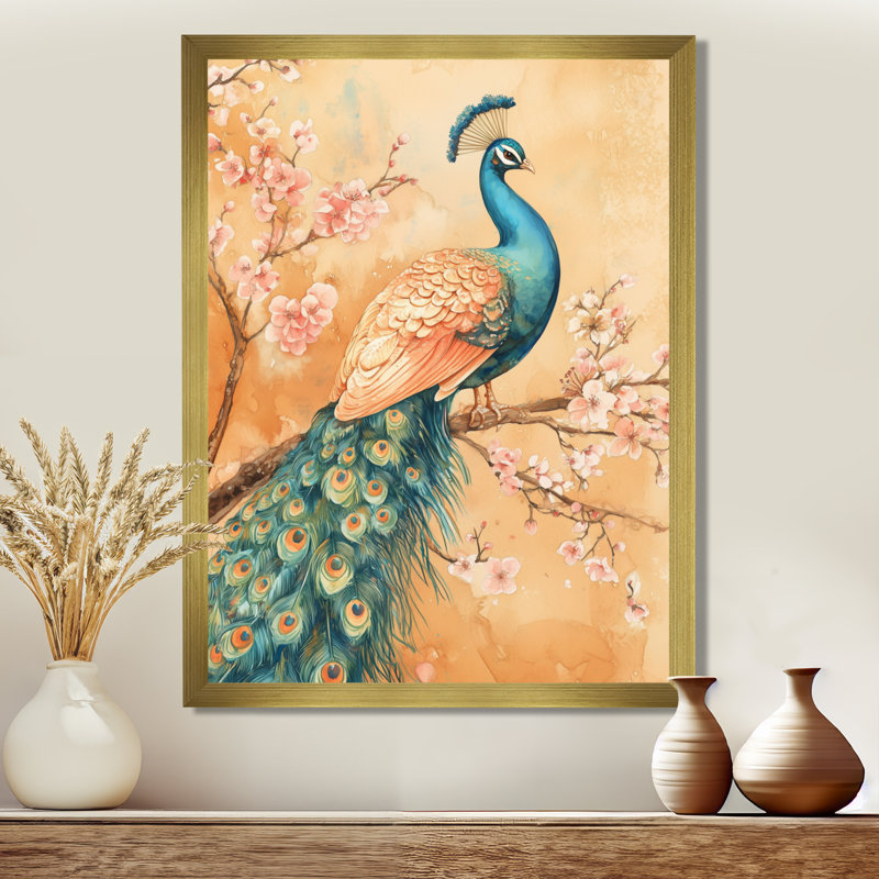Paon parmi les cerisiers en fleurs III - Tableau encadré d'inspiration asiatique, H 32 po x l 16 po, Gold Picture Framed