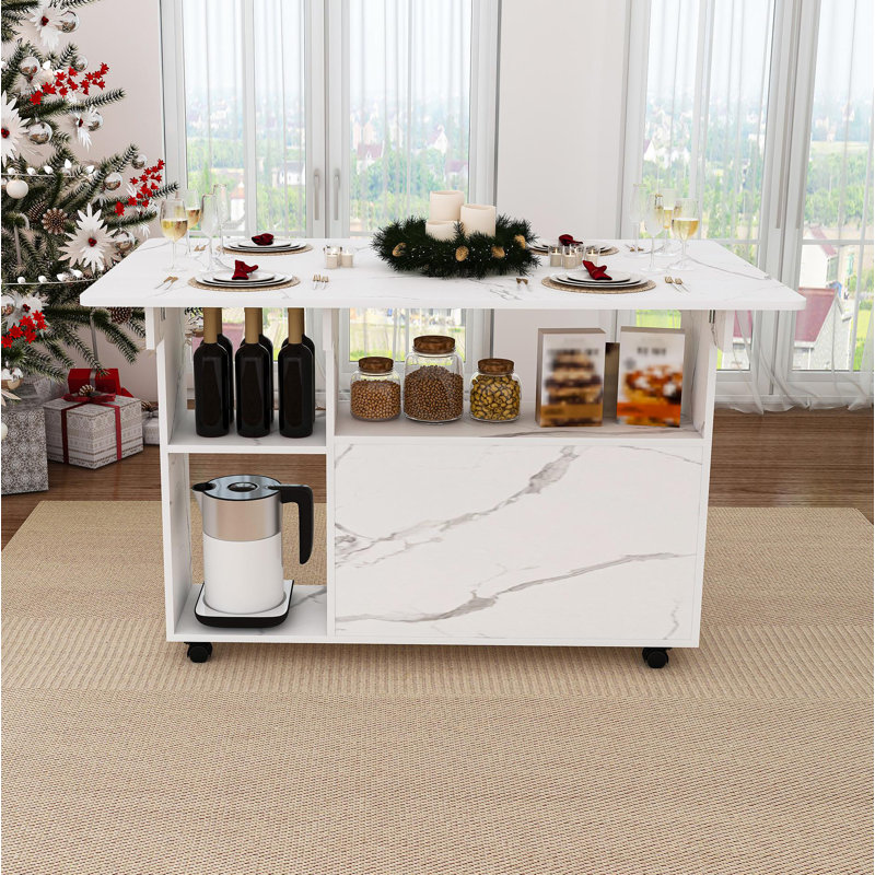 Multi-Functional Folding Table With Storage Shelves And Wheels, 47 Inch Foldable Dining Table For Small Spaces, Compact Desk For Kitchen, Dorm, Office(White)