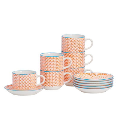 Nicola Spring - Hand-Printed Stacking Teacups & Saucers Set - 260ml - Orange
