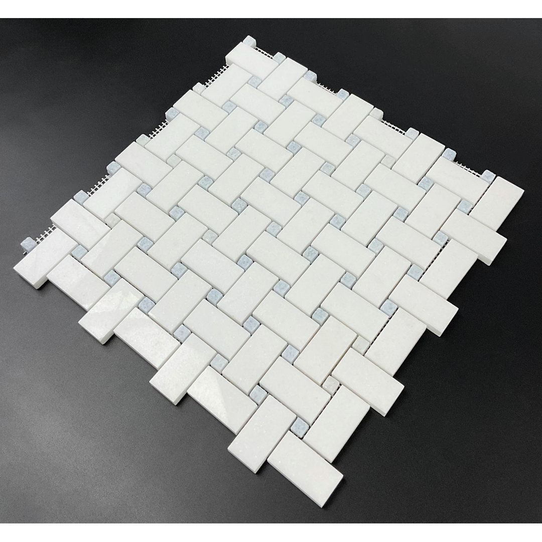1" x 2" Thassos White and Blue Celeste Dot Marble Basketweave Moasic Floor and  Wall Tile ES Stone