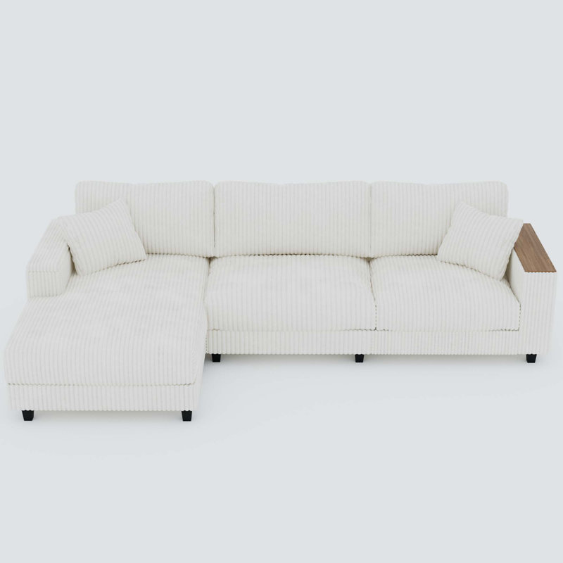114.5'' Corduroy Couch With 2 Pillows Oversized Sofa L Shaped Sectional Couch With Reversible Chaise, White Corduroy