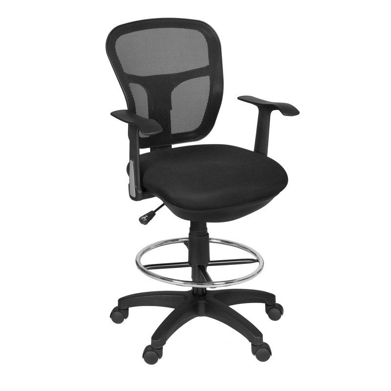 Harrison Mesh Back Rolling Adjustable Swivel Bar Height Drafting Stool with Arms, Black