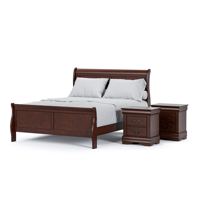 Ensemble de chambre à coucher Emelinda Extula, Cerisier, Grand, Trois pièces : lit, 2 tables de chevet